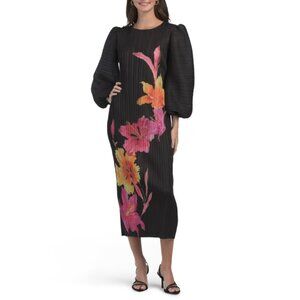 NANCY YANG Black Floral Crinkle Dress